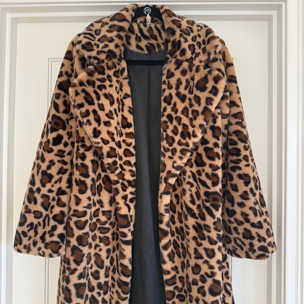 Blue Bkush Leopard Print Faux Fur Coat Womens Small